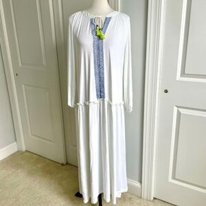 Cabana Life Long Sleeve White Blue Maxi Dress with Tassel Ties Size Large